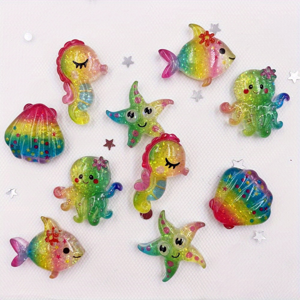 10pcs Colorful Glitter Ocean Animal Resin Cabochons - Mini Shell, Starfish, Seahorse, Squid Designs For , Scrapbooking & Craft Decorations