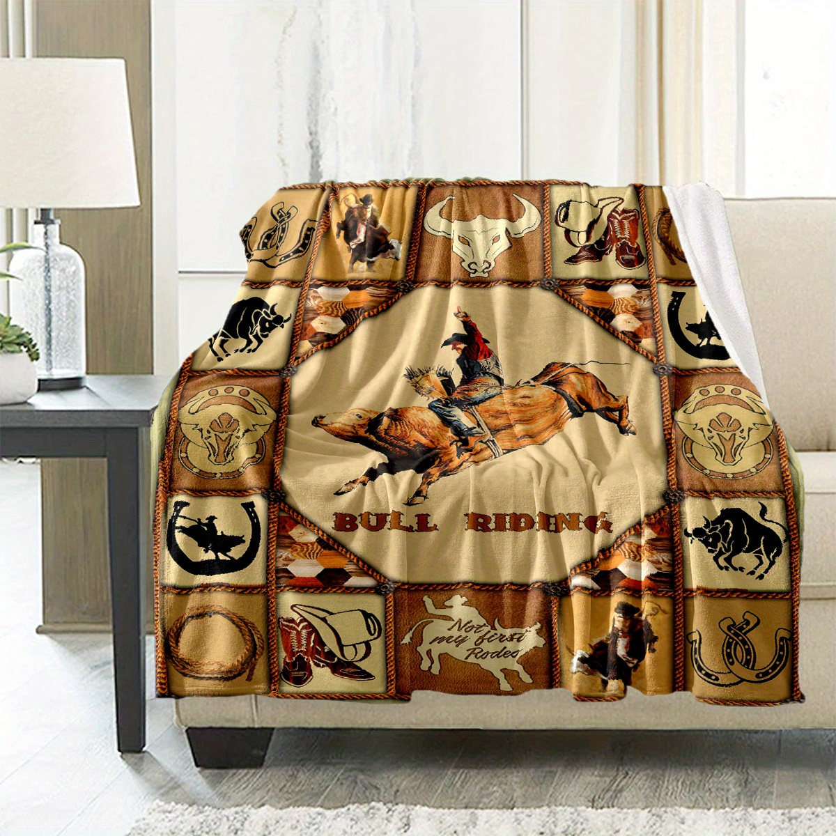 

Bull Riding Themed Polyester Blanket, 100% Cozy Flannel Fleece - Large Soft Chair Mat For Office, Bed, Couch, Sofa - Multipurpose Warm Throw, Equestrian - Meets Sku Area & Length Criteria