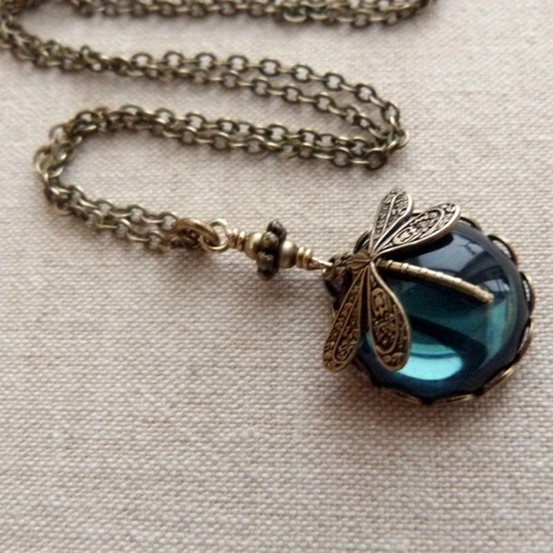 

Hand Carved Dragonfly Pendant Necklace For Women - Vintage Bronze With Faux Green Stone - Ethnic Silver Color Round Shape Neck Jewelry