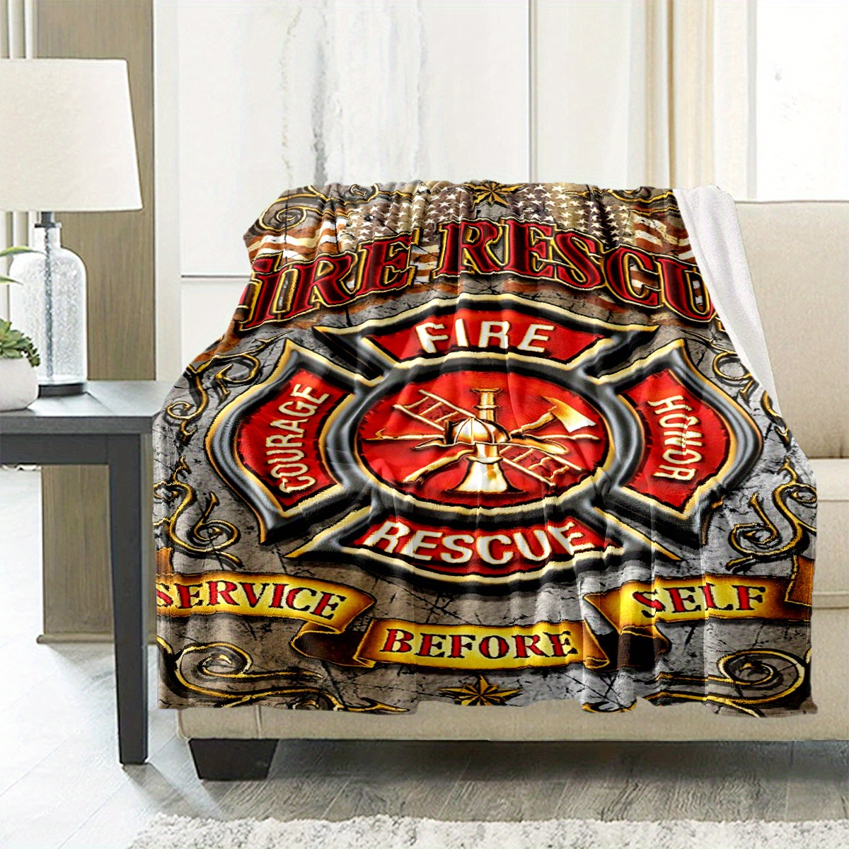 

Firefighter-themed Polyester Flannel Blanket - Soft, Cozy, And Warm For Couch, Bed, Sofa, And Office - And Courage Fire Rescue Design - Durable Chair Mat With Skus For Larger Areas