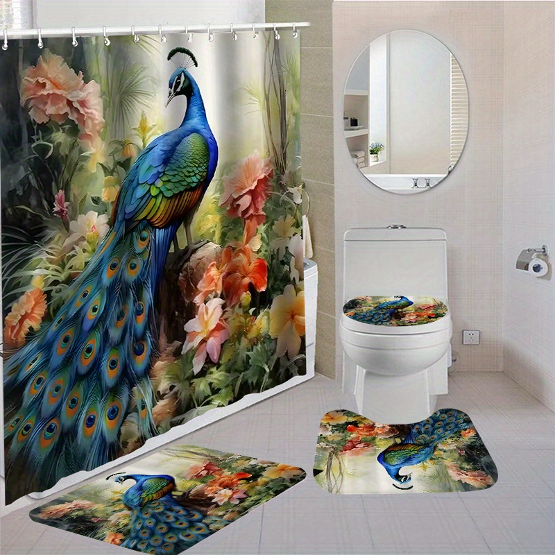 

1/4pcs Peacock Floral Shower Curtain Set, With Non-slip Bath Mats, Toilet Lid Cover And Rugs, Waterproof Polyester Fabric With 12 Hooks, Washable Bathroom Decor, 180x180cm