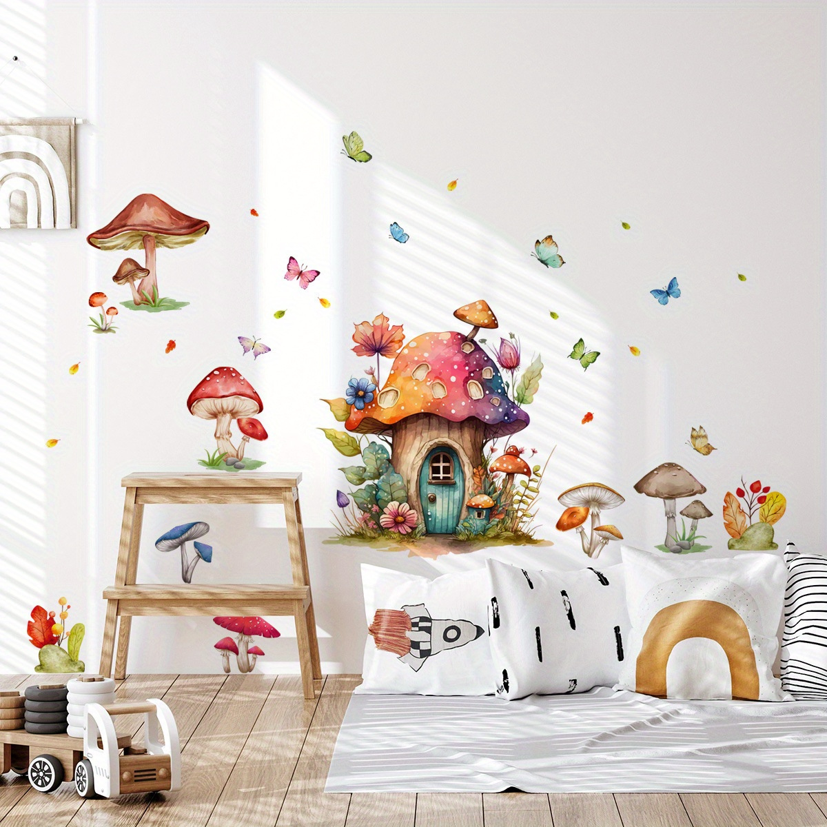 1pc Artistic Pvc Wall Decal, Watercolor Style Cartoon Forest Mushroom ...