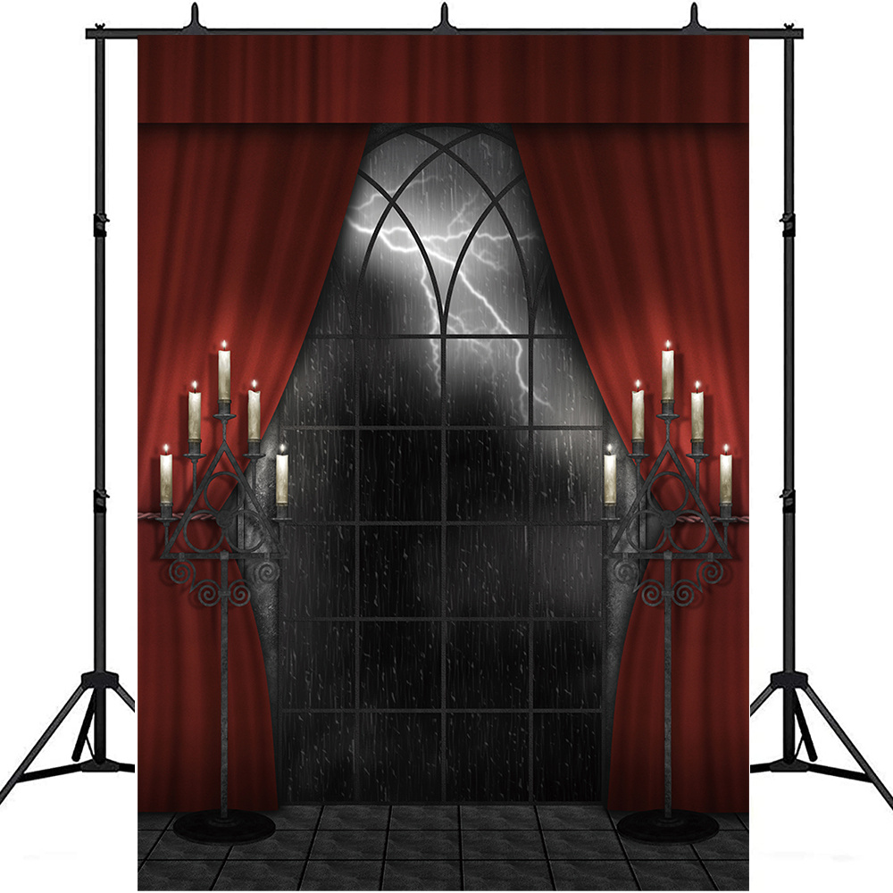 

1pc, Halloween Photography Backdrop, Vinyl, Retro Gothic Window Red Curtain Vampire Medieval Castle Pattern, Spooky Home Wall Banner Decoration, Halloween Night Party Supplies Studio Photo Booth Props