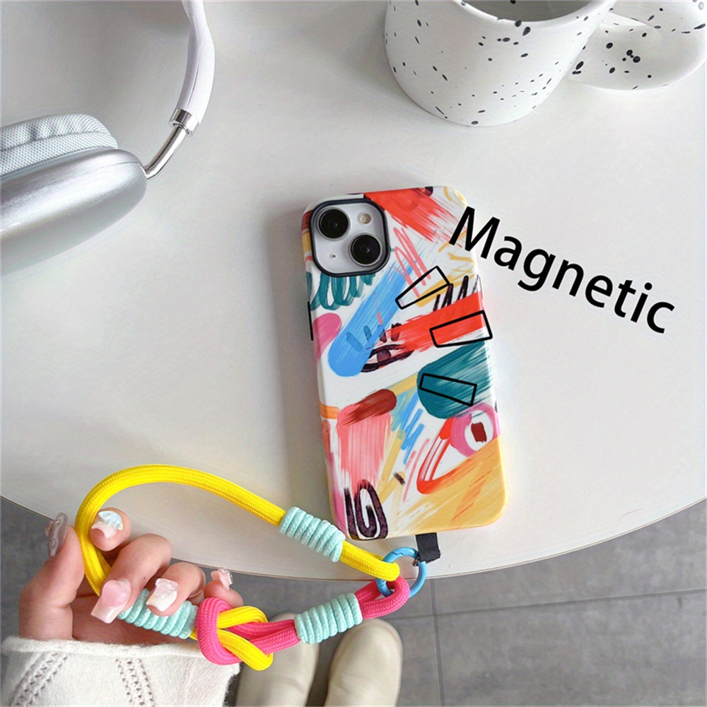 

Colorful Graffiti Magnetic 2-in-1 Full Coverage Phone Case For Iphone 11/12/13/14/15, Plus, Pro, Max - Unisex Durable Protective Cover With Hand Strap