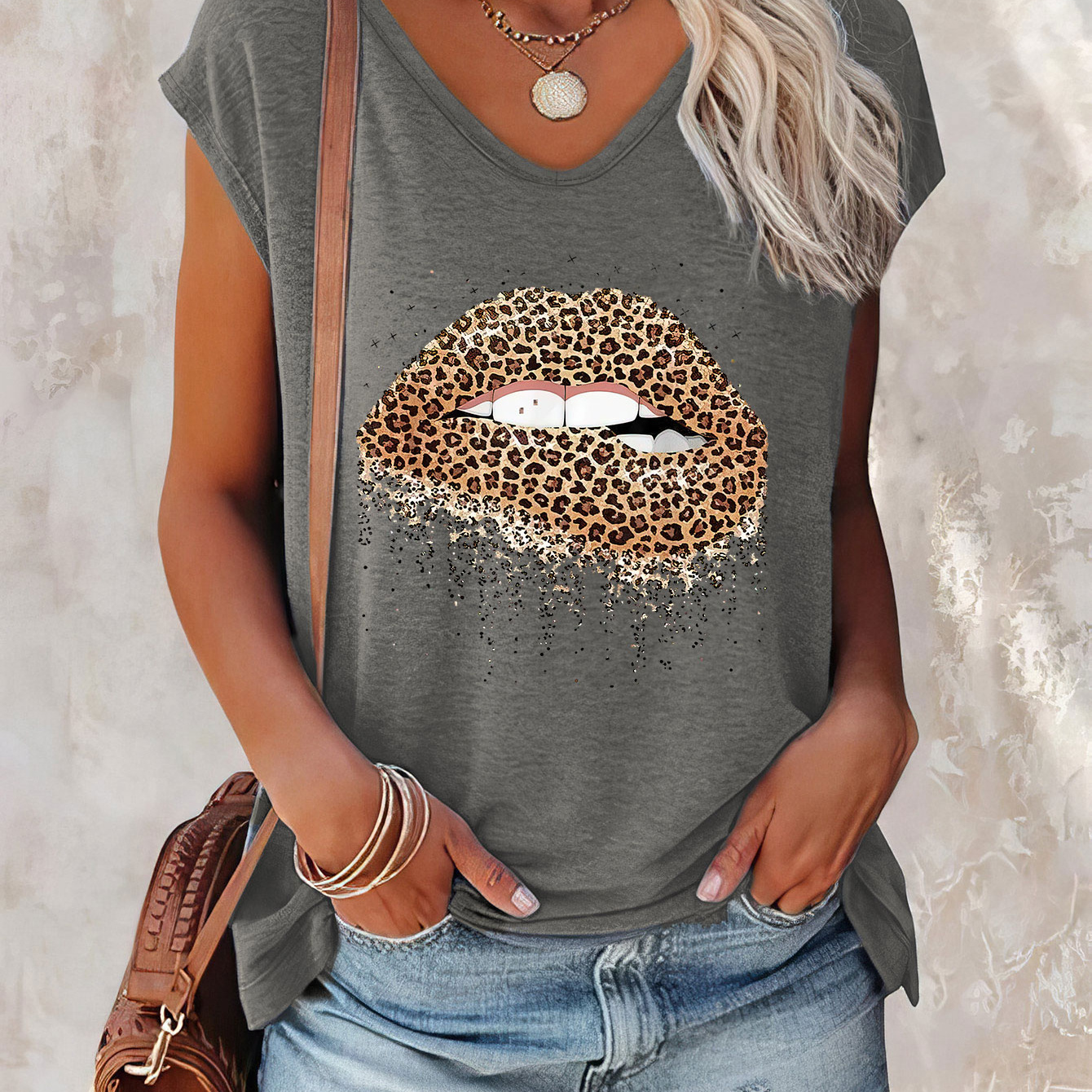

Lip Print Cap Sleeve Top, Casual Top For Summer & Spring, Women's Clothing