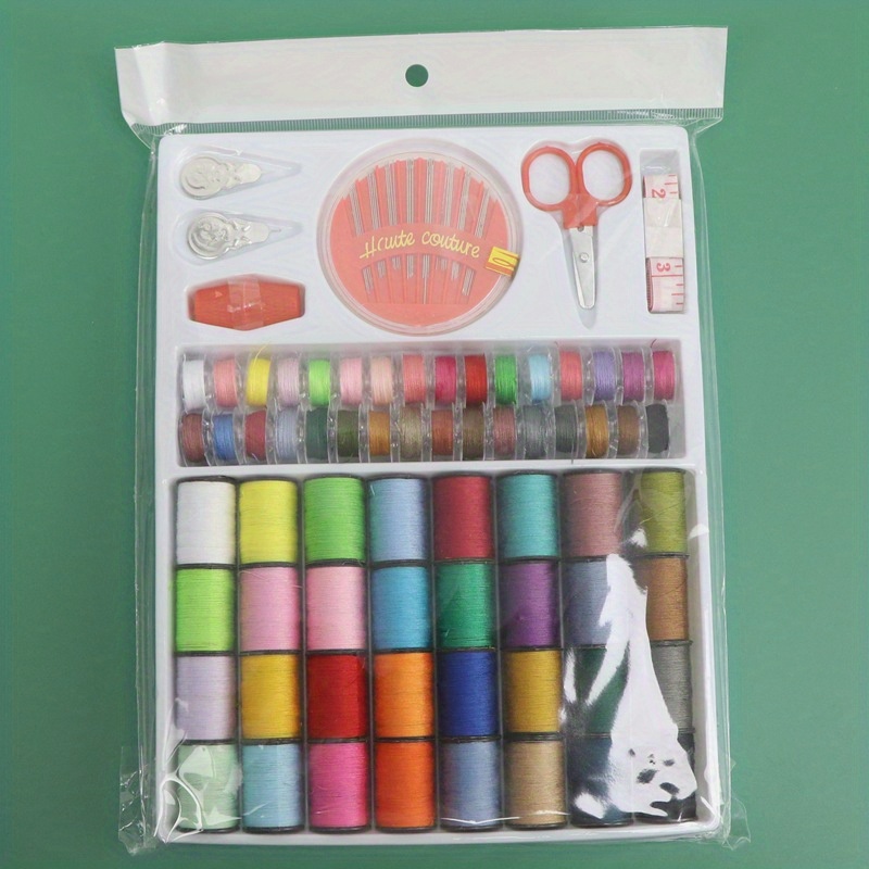 

64-piece Sewing Kit With Multicolor Threads, Needles, Scissors, Tape Measure - Polyester, White - Home