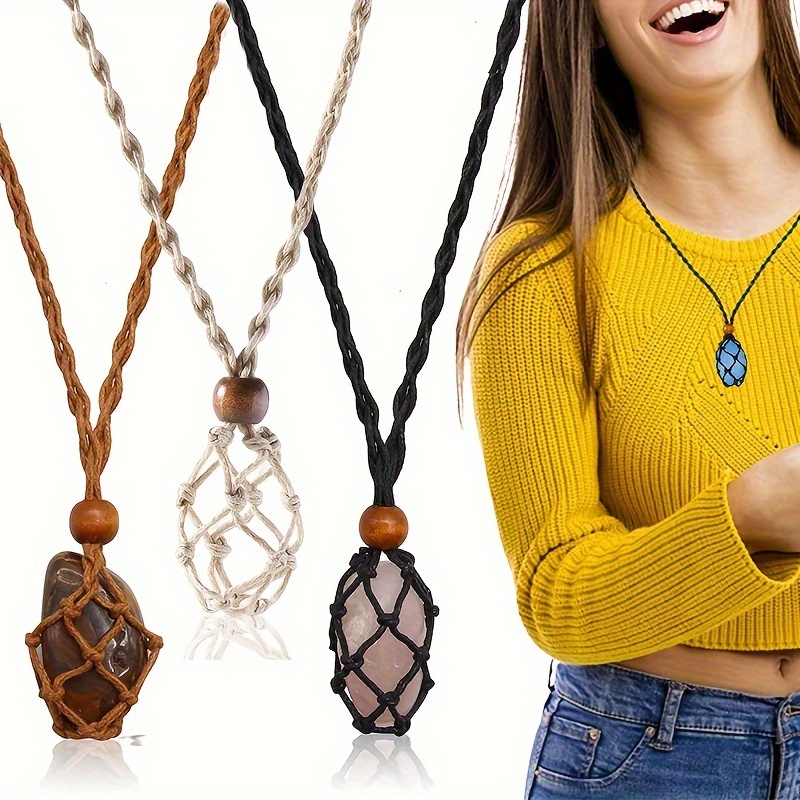 

1pc Bohemian Vintage Hand-woven Necklace Holder Cord, Adjustable Length Mesh Charm For Natural Wood Bead Accent, Boho Style Empty Stone Pendant Net Cord For Diy Jewelry Making