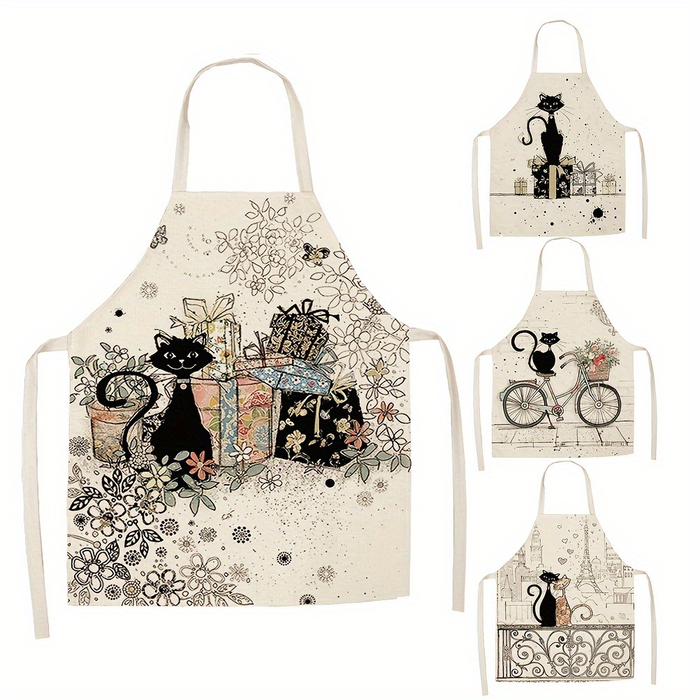 

Charming Linen Sleeveless Apron With Adorable Cat Design - Ideal For Cooking, Cleaning & Crafting - Durable Kitchen Wear