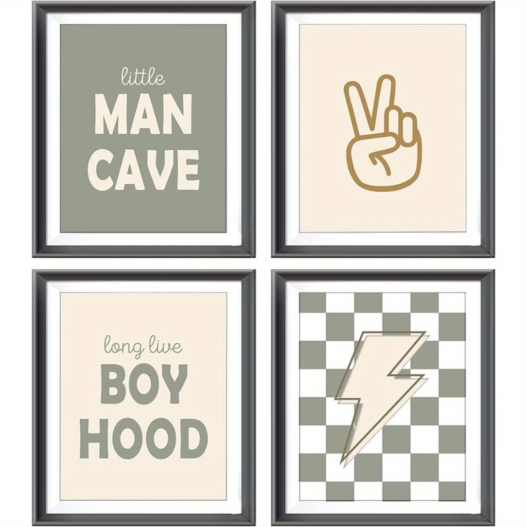 

4pc Preppy Boys Room Decor - Frameless Little Man Cave, Checkered Lightning, Peace Sign, Long Live Boyhood Poster Prints - 8x10inch Educational Wall Art For Teen Dorm