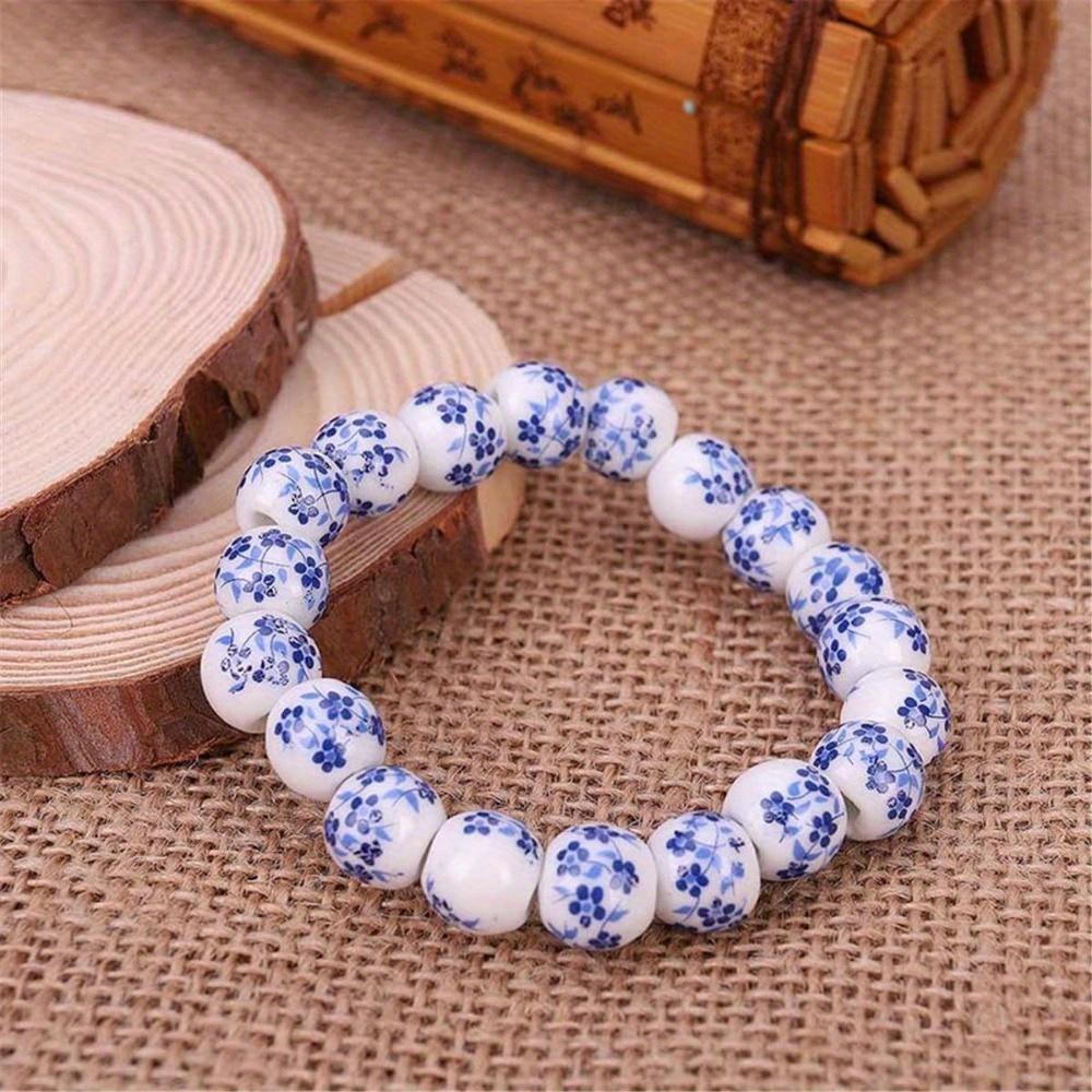 

Blue & White Porcelain Bead Bracelet, Vintage Chinese Style Ceramic Stretch Wristband, Elastic Traditional Floral Print Accessory For Women