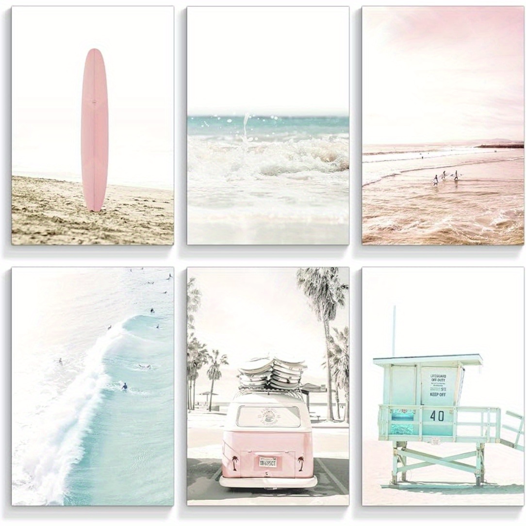 

6pcs Frameless Beach Canvas Wall Art, Tropical Summer Ocean Coastal Posters, Preppy Gallery Beach Prints, Nautical Surfboard Bus, Room Decor, Beachy Pictures, 8x10inch