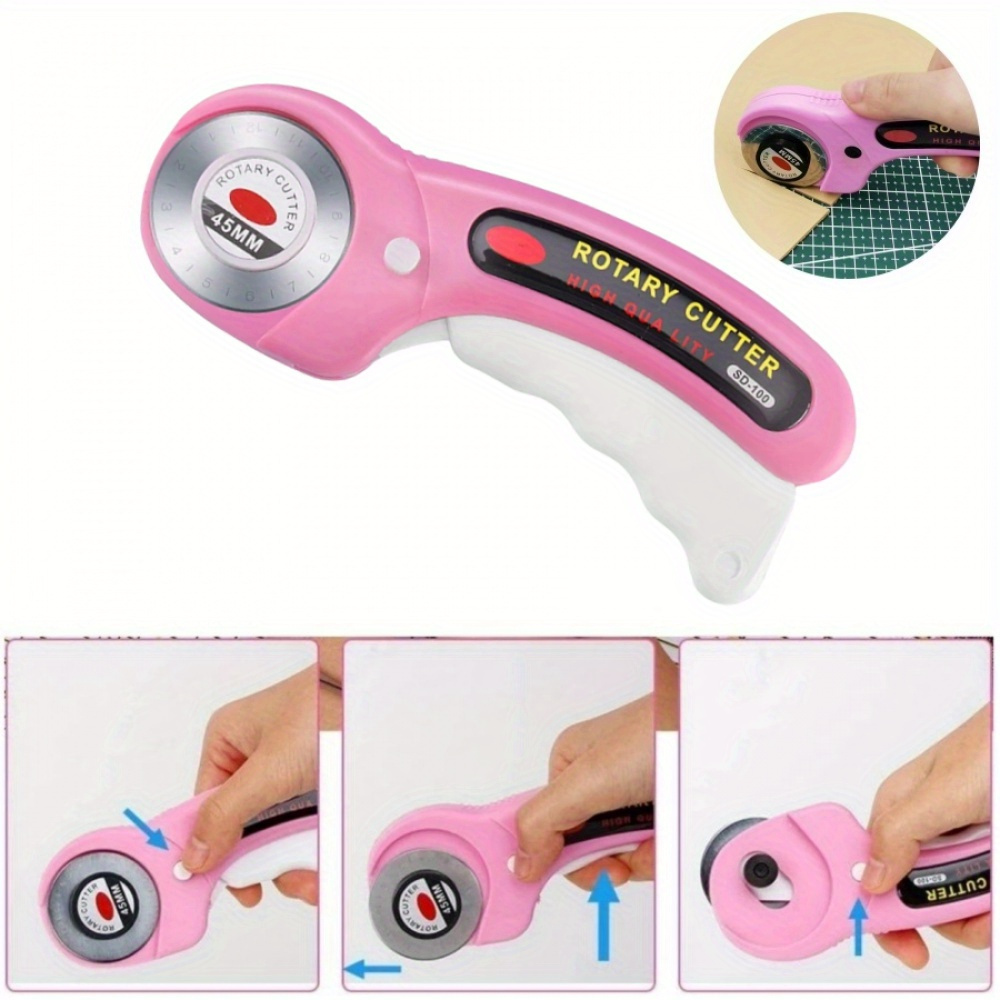 

45mm Pink Rotary Cutter With Ergonomic Handle For Fabric, Leather, Sewing, Quilting, And Crafting - Safety Lock And Sharp Blades