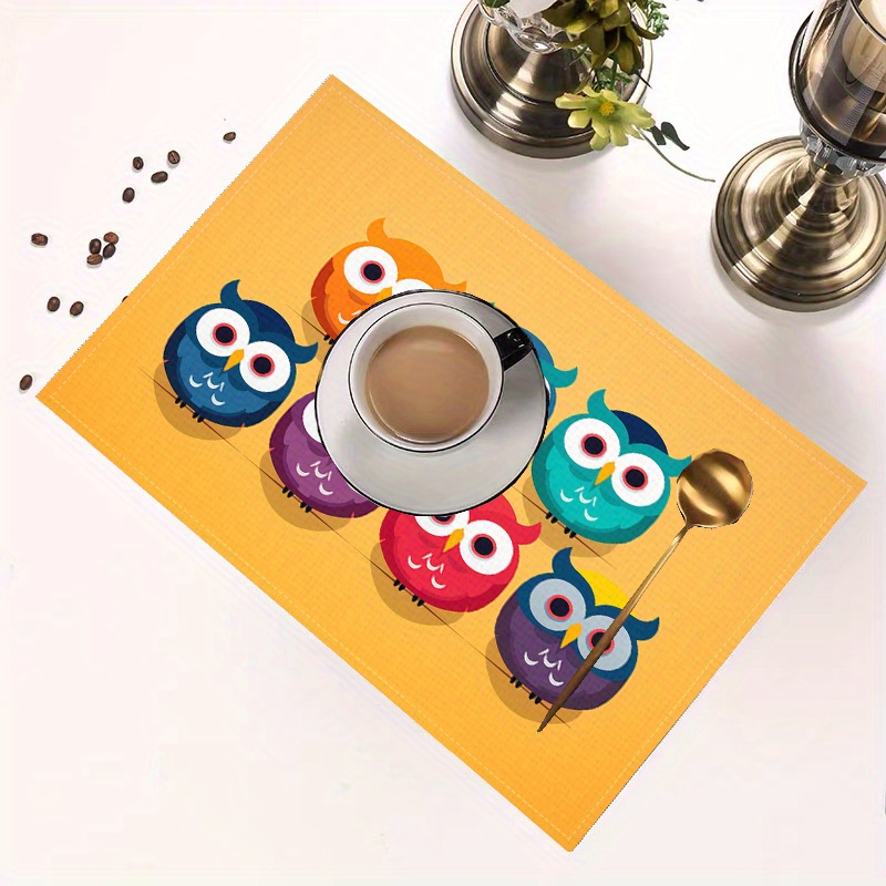 

2pcs/4pcs Cartoon Owl Linen Place Mats, Hand Washable Square Woven Table Mats, Heat Resistant Oil-proof Dining Plate Mats For Home Decor