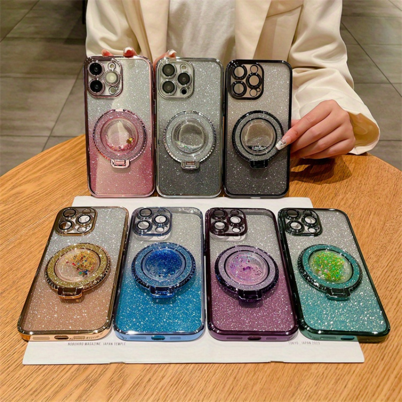 

Sparkling Gradient Glitter Case For Iphone 15/14/13/12/11, Pro Max & Plus - Tpu Electroplated Lens Protector With Quicksand Stand