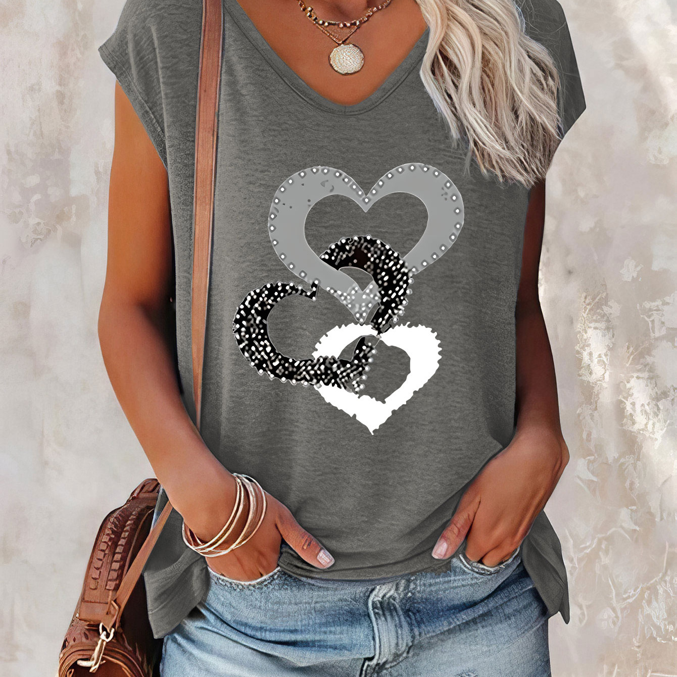 

Hearts Print Cap Sleeve Top, Casual Top For Summer & Spring, Women's Clothing
