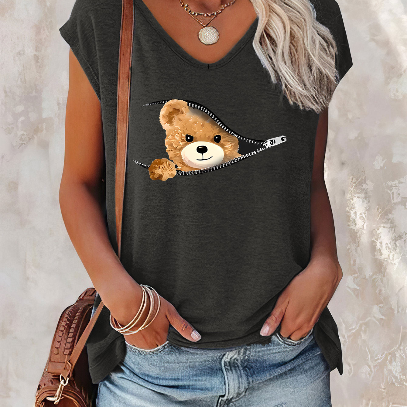 

Teddy Bear Print Cap Sleeve Top, Casual Top For Summer & Spring, Women's Clothing