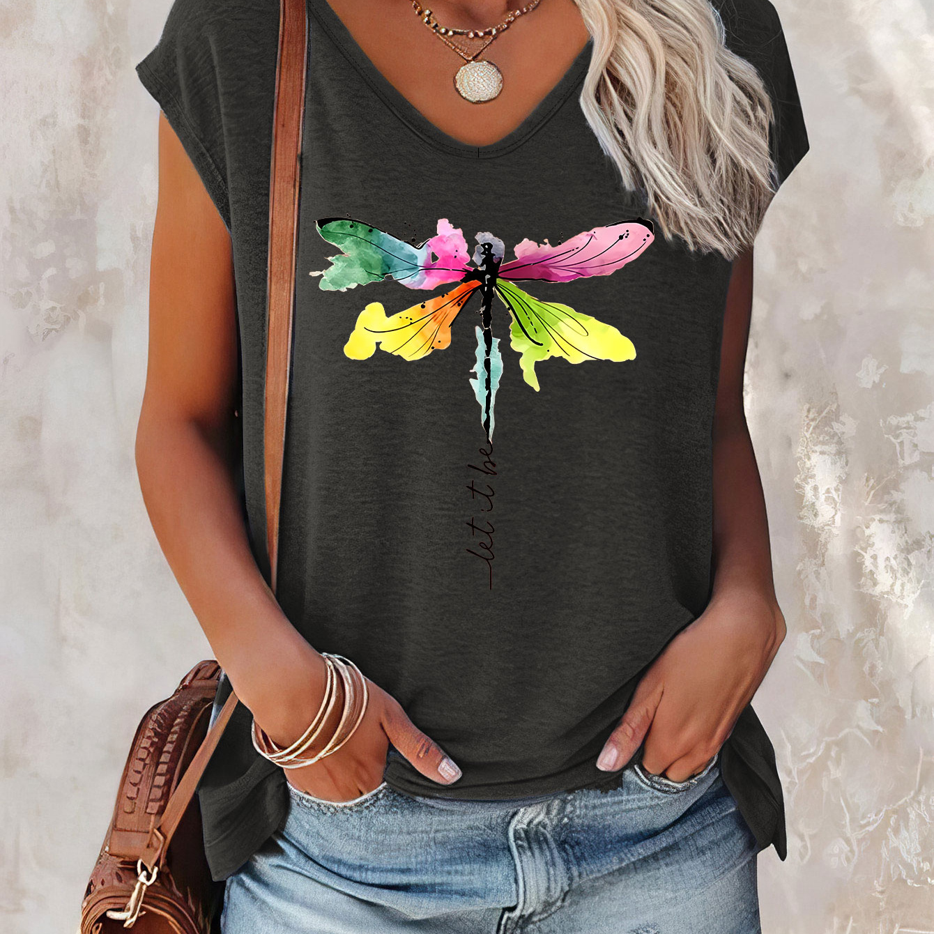 

Dragonfly Print Cap Sleeve Top, Casual V-neck Top For Summer & Spring, Women's Clothing