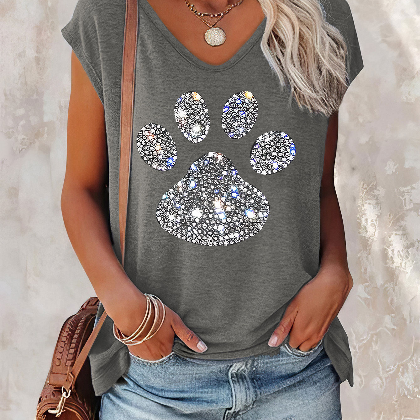 

Paw Print Print Cap Sleeve Top, Casual Top For Summer & Spring, Women's Clothing