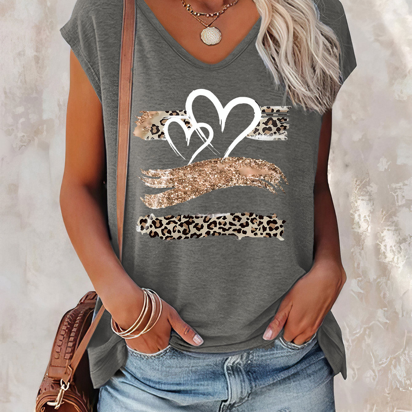 

Heart Print Cap Sleeve Top, Casual Top For Summer & Spring, Women's Clothing