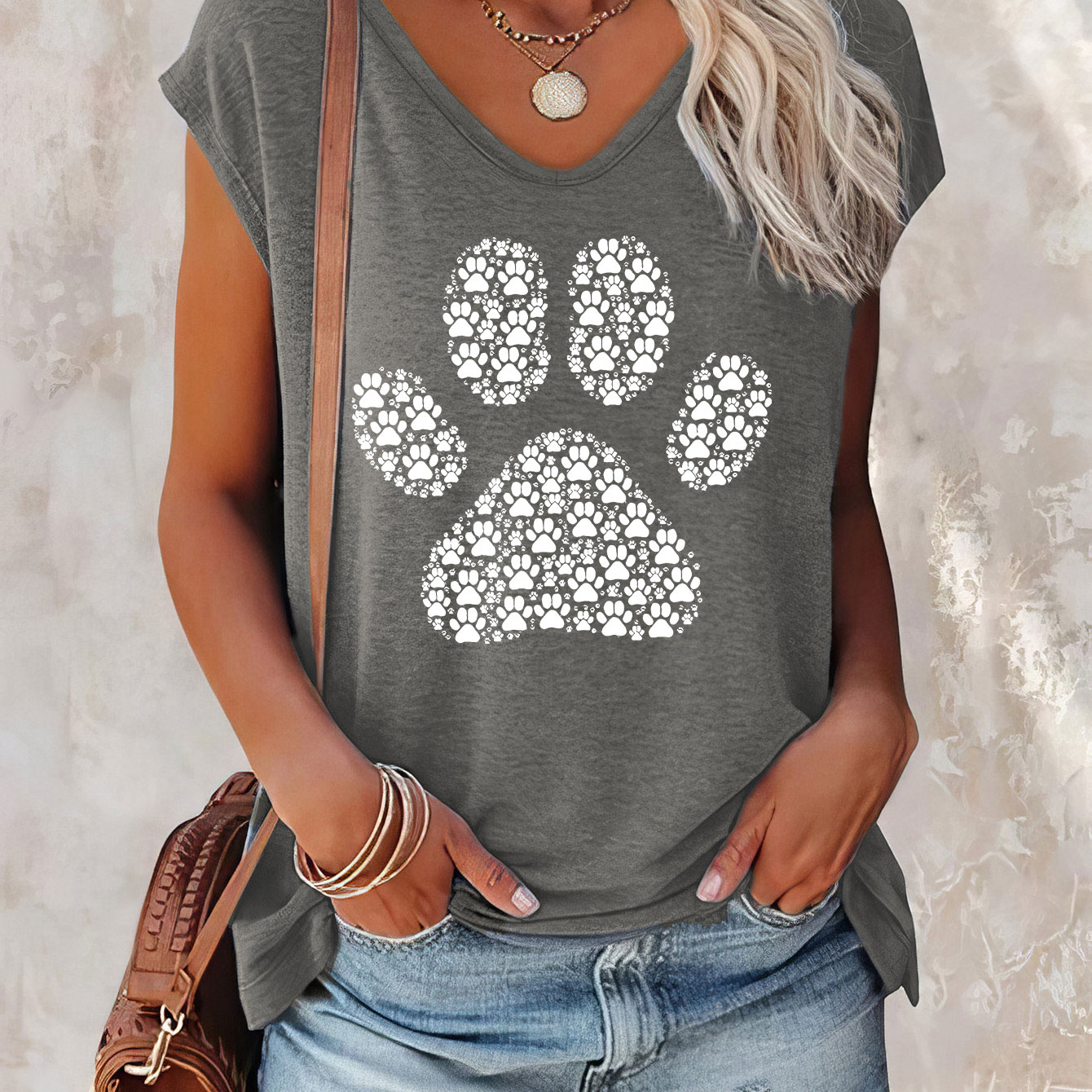 

Dog Paw Print Cap Sleeve Top, Casual Top For Summer & Spring, Women's Clothing