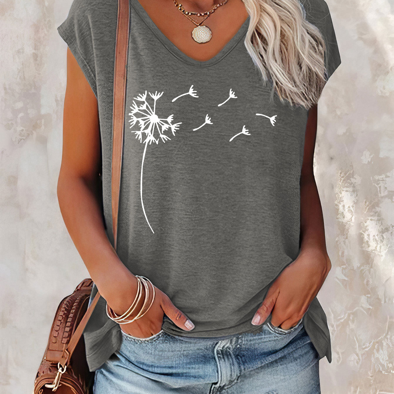 

Dandelion Print Cap Sleeve Top, Casual Top For Summer & Spring, Women's Clothing