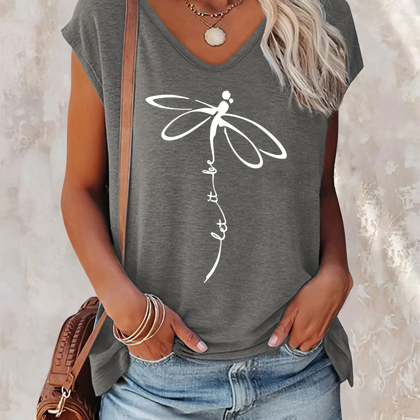 

Dragonfly Print Cap Sleeve Top, Casual Top For Summer & Spring, Women's Clothing
