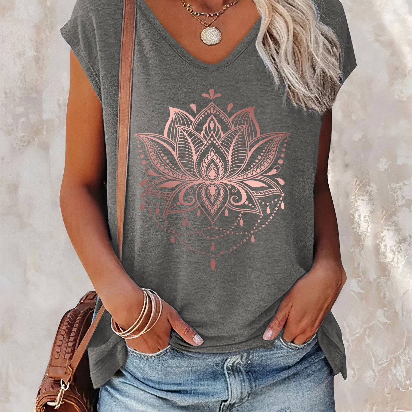 

Lotus Print Cap Sleeve Top, Casual Top For Summer & Spring, Women's Clothing