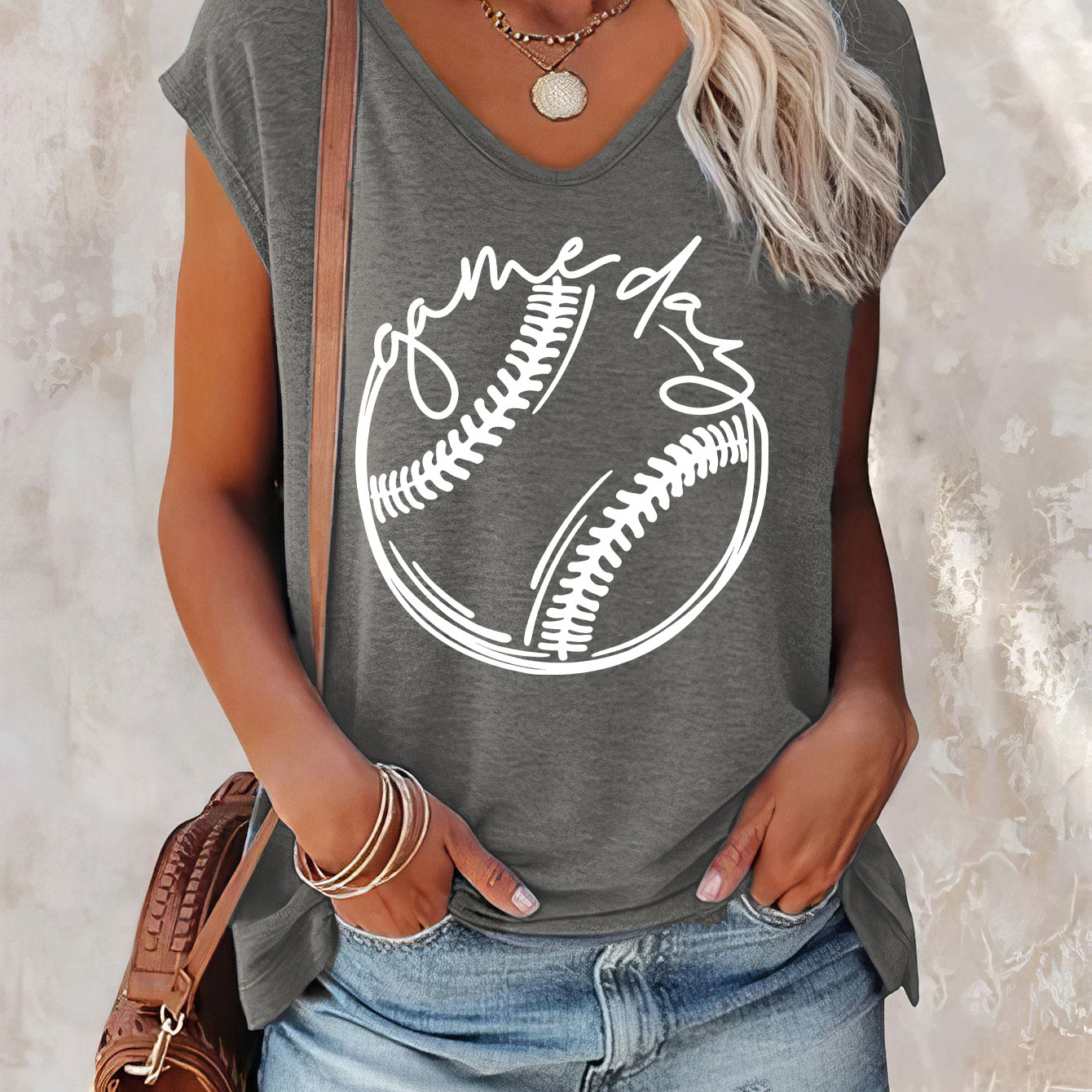 

Baseball Print Cap Sleeve Top, Casual Top For Summer & Spring, Women's Clothing