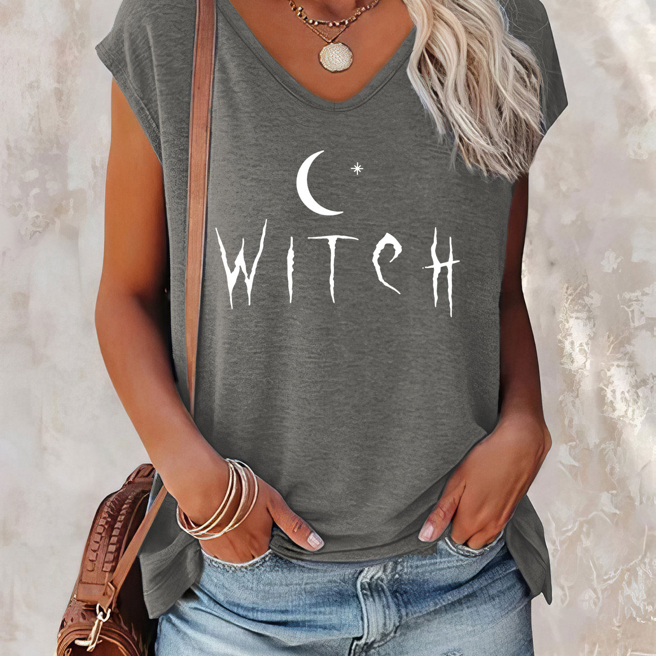 

Moon Print Cap Sleeve Top, Casual Top For Summer & Spring, Women's Clothing
