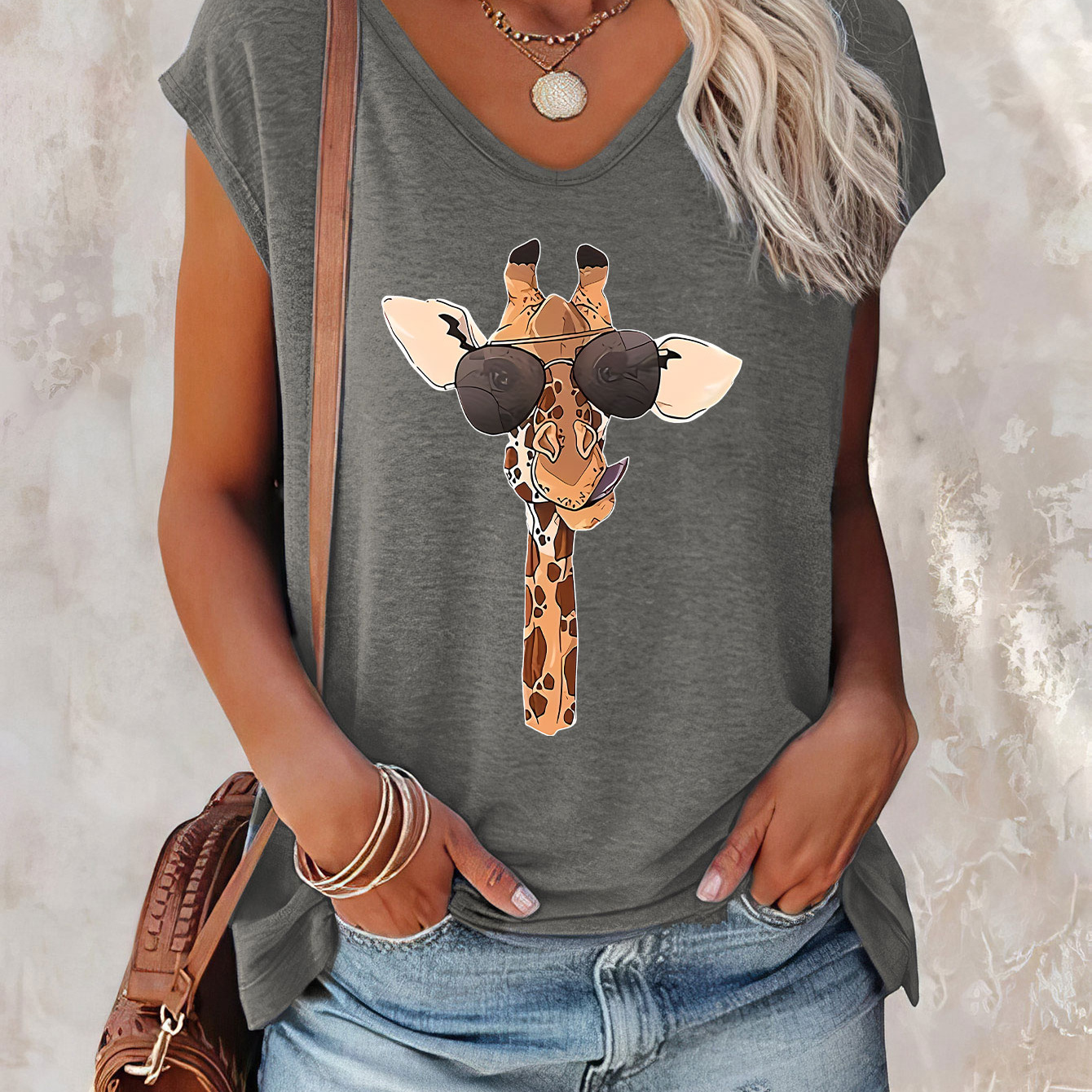 

Giraffe Print Cap Sleeve Top, Casual Top For Summer & Spring, Women's Clothing