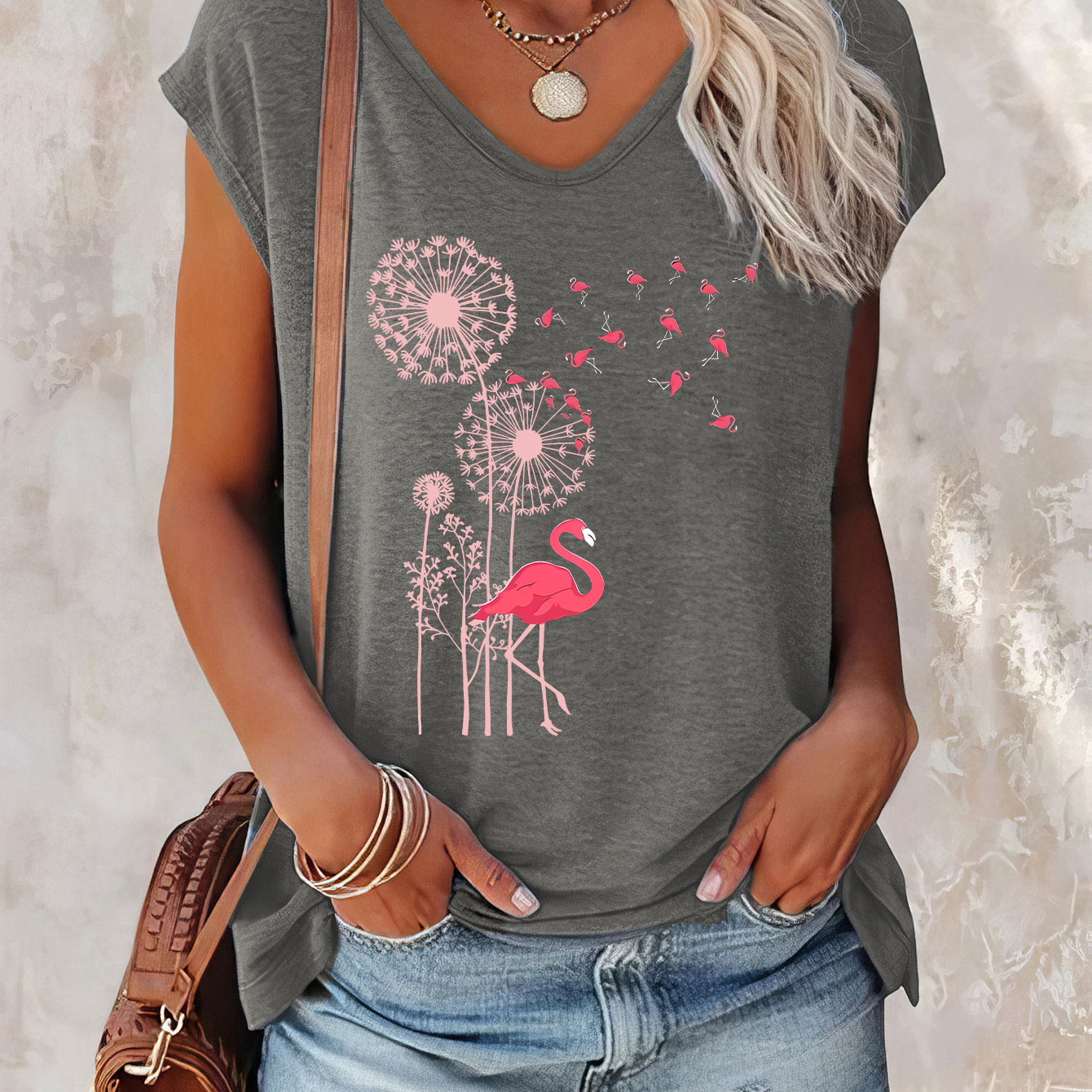 

Flamingo & Dandelion Print Cap Sleeve Top, Casual Top For Summer & Spring, Women's Clothing