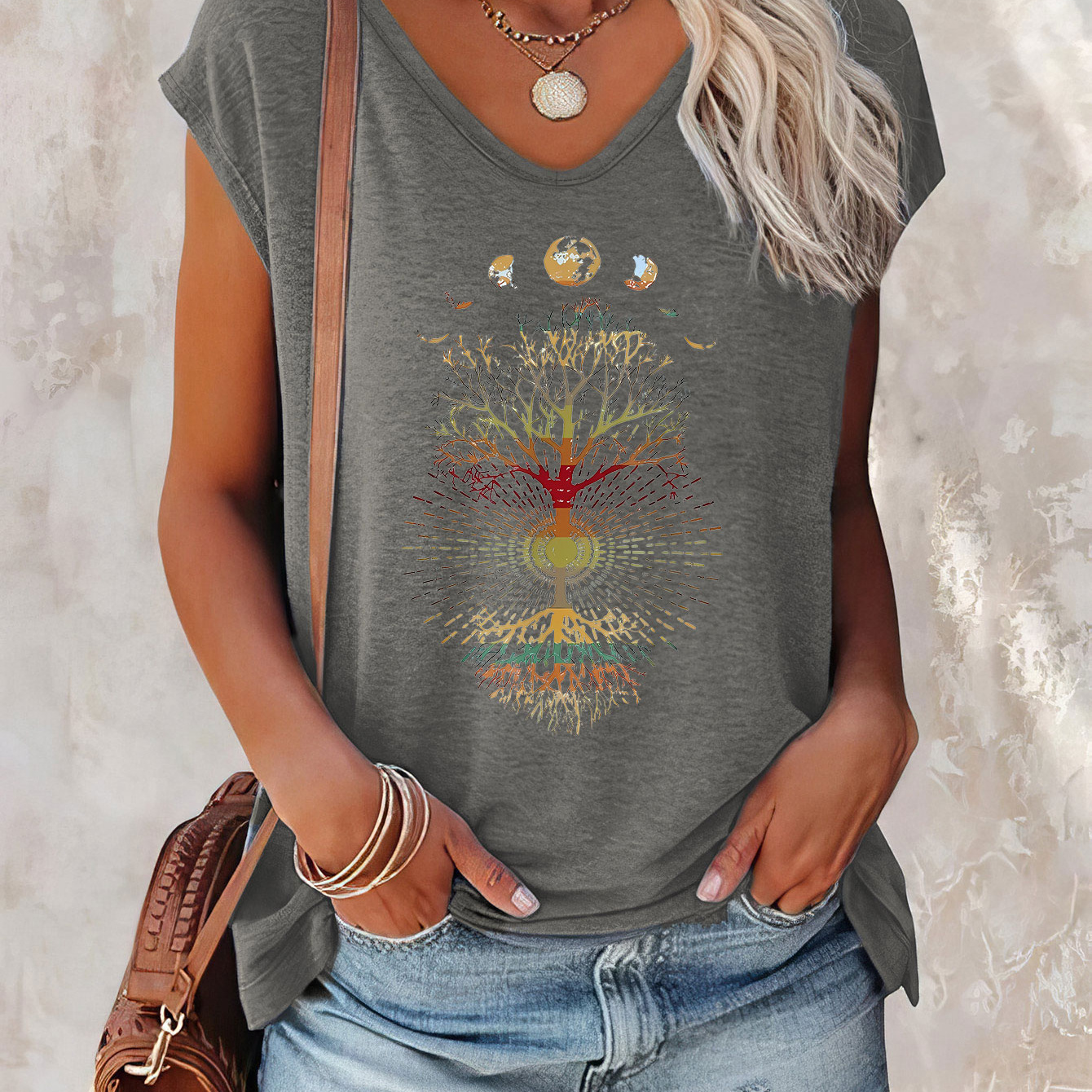 

Tree Print Cap Sleeve Top, Casual Top For Summer & Spring, Women's Clothing