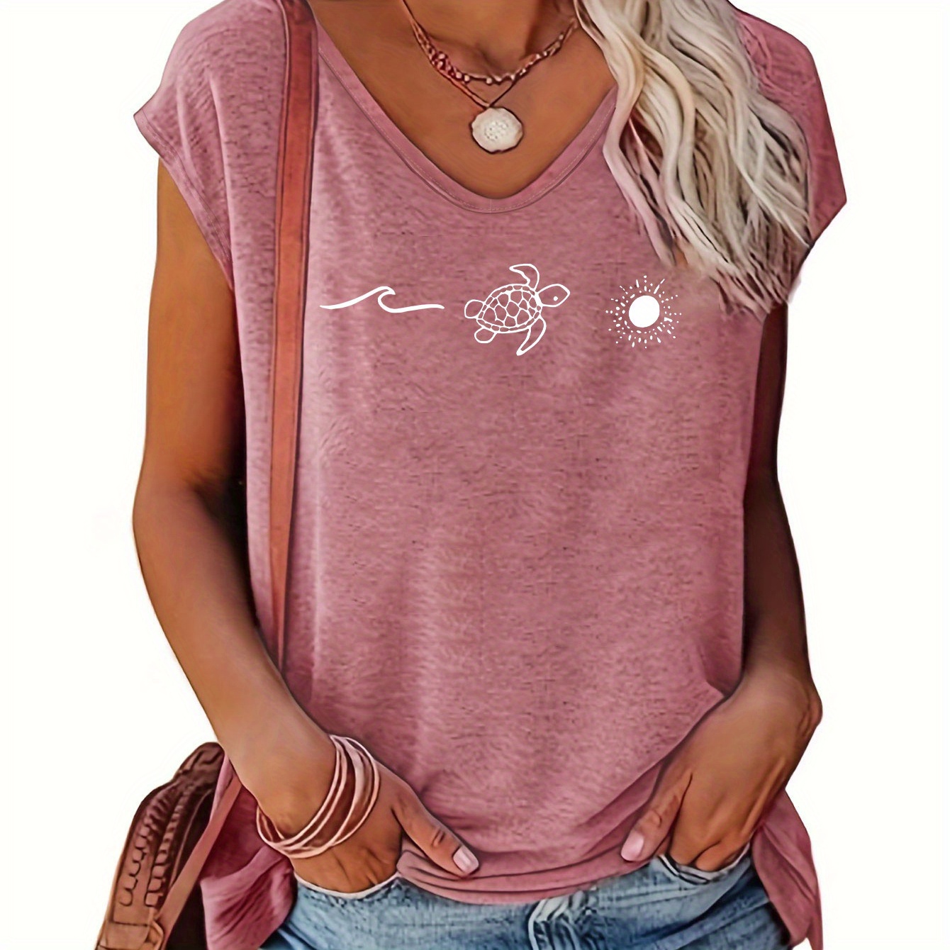 

Turtle Print Cap Sleeve Top, Casual Top For Summer & Spring, Women's Clothing