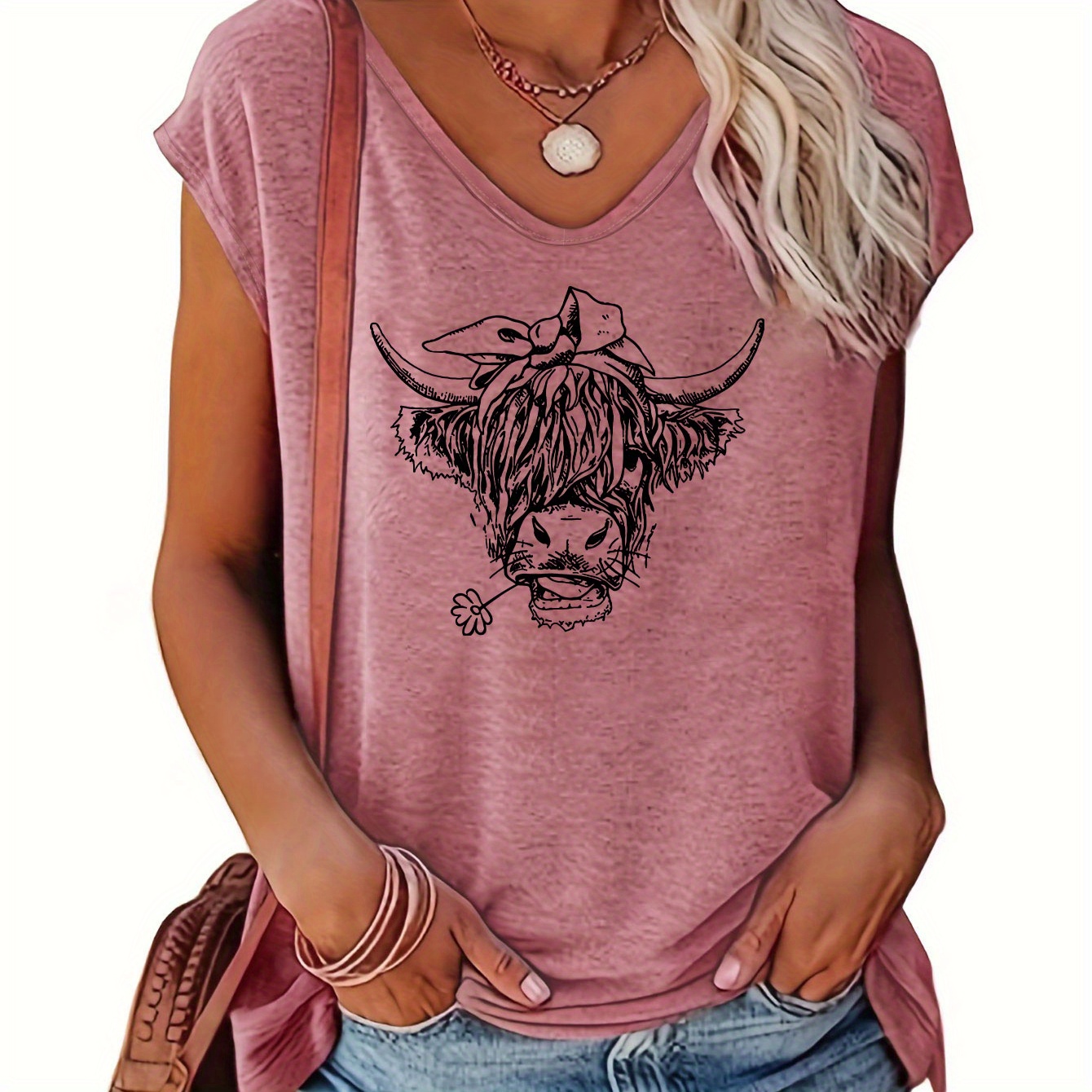 

Cow Head Print Cap Sleeve Top, Casual Top For Summer & Spring, Women's Clothing