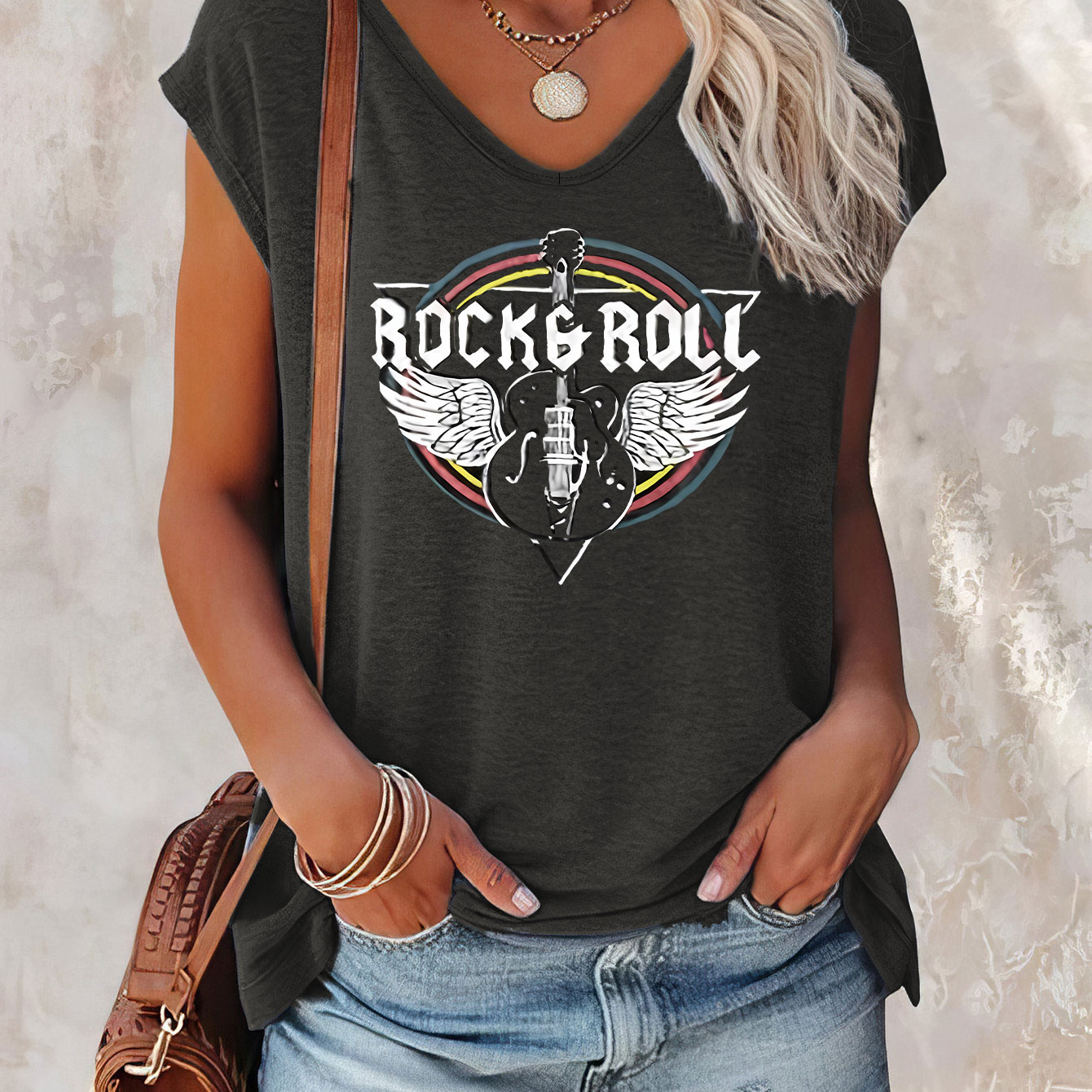 

Rock Roll Print Cap Sleeve Top, Casual Top For Summer & Spring, Women's Clothing