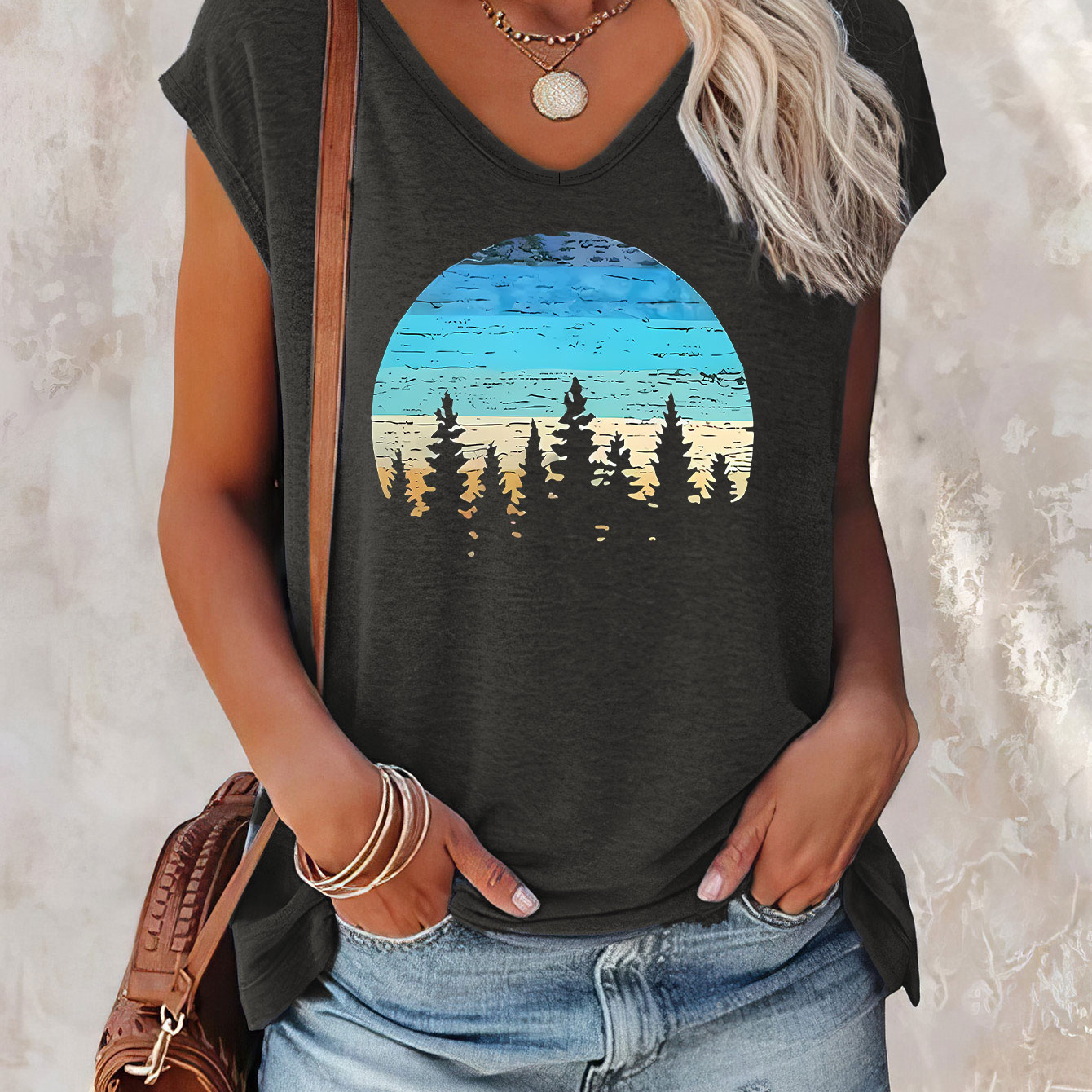 

Forest Print Cap Sleeve Top, Casual Top For Summer & Spring, Women's Clothing