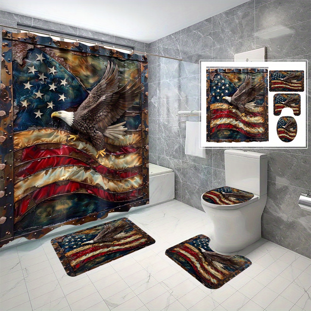

4pcs/set Patriotic Eagle Shower Curtain Set, 3d Digital Print Waterproof & Mildew Resistant Bathroom Decor With Non-slip Rugs, Toilet Cover, 12 C-type Hooks