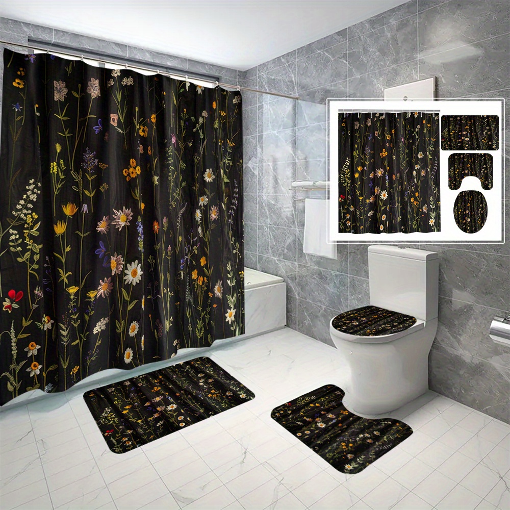 

Easy-hang Design, Waterproof Cartoon Floral Print Shower Curtain Set With Hooks - 3d , No-drill Installation, Machine Washable Bathroom Decor