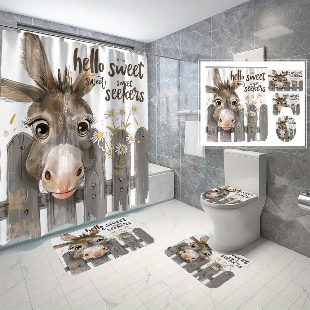 

4pcs/set Donkey Bathroom Curtain Set, Rustic Digital 3d Print, Waterproof And Mildew Resistant Shower Curtain With Free Perforation, Bathroom Window Curtain