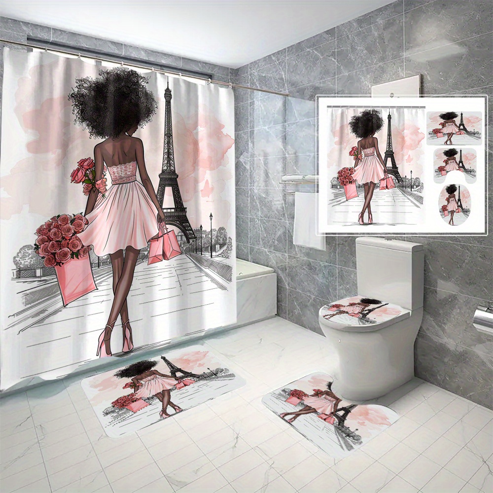 

4pcs/set Fashion Girl Paris Eiffel Tower Shower Curtain Set, Digital 3d Print, Waterproof, Mildew Resistant Bathroom Partition With C-type Hooks, Non-puncture Installation, Home Decor