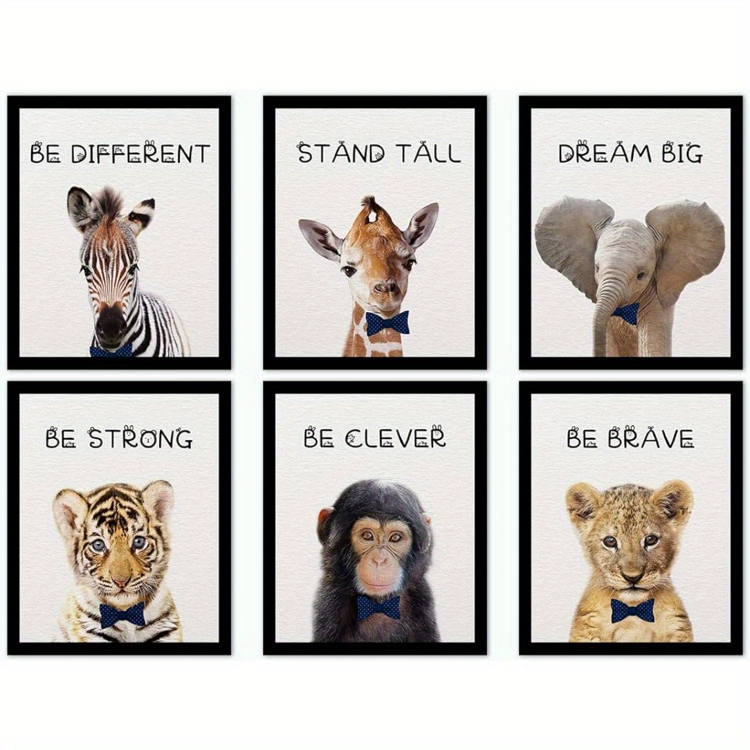 

Set Of 6 Educational Animal Posters With Inspirational Quotes - Frameless Wild Animals Wall Art Prints, 8x10 Inch - Kids Nursery Room Decor - Tiger, Lion, Giraffe, Zebra, Elephant, Orangutan Images