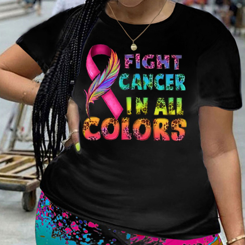 

Plus Size Fight Cancer Letter Print 2 Piece Set, Short Sleeve T-shirt & Short Leggings, Women's Plus Size Clothing