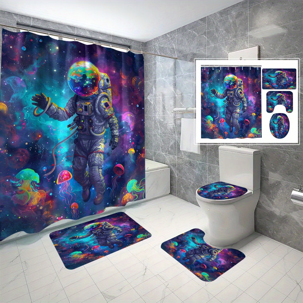 

Astronaut 3d Print Shower Curtain Set - Waterproof, No-drill Installation With Hooks Included, Machine Washable Polyester Bathroom Decor, Space,