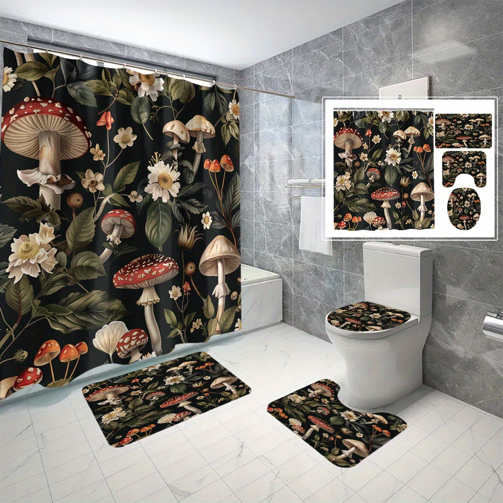 

4pcs Mushroom Printed Shower Curtain Set With 12 Hooks, Decorative Partition Curtain, Toilet Cover Mat, Bathroom Non-slip Mat, U-shape Carpet, Bathroom Accessories