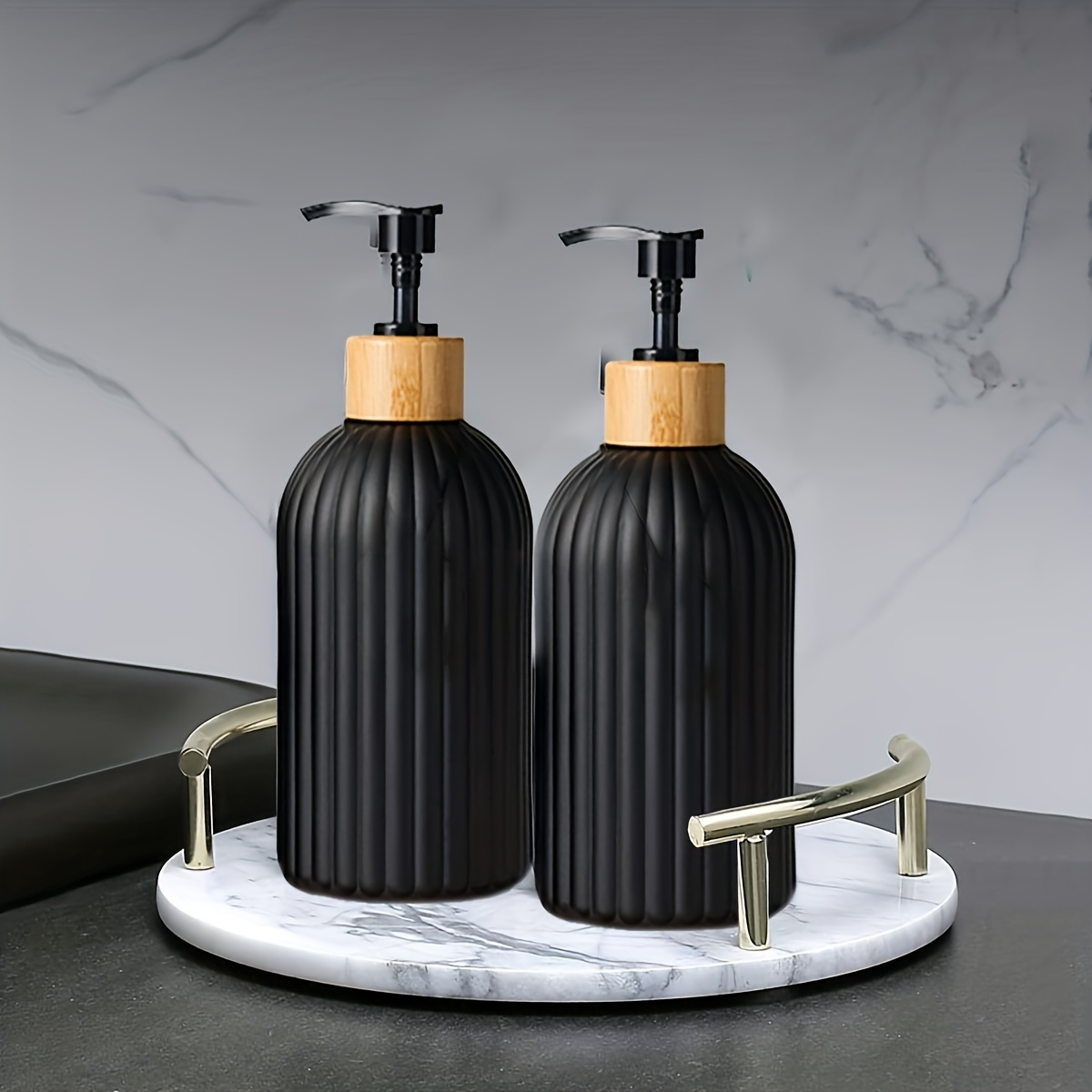 TEMU 2pcs Bamboo Pump Soap Dispenser Set, 17oz×2, Kitchen And Bathroom Soap And Lotion Dispenser, Kitchen Bathroom Soap Dispenser, Black