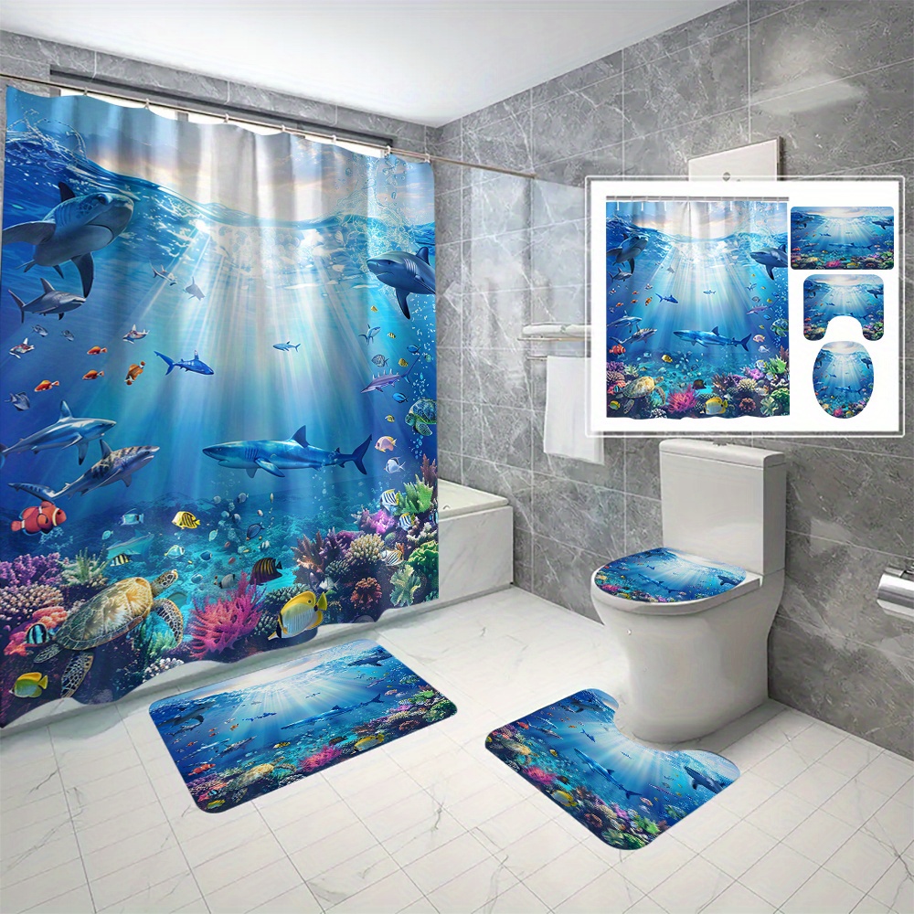 

4pcs Ocean Animal Printed Shower Curtain Set With 12 Hooks, Decorative Partition Curtain, Toilet Cover Mat, Bathroom Non-slip Mat, U-shape Carpet, Bathroom Accessories