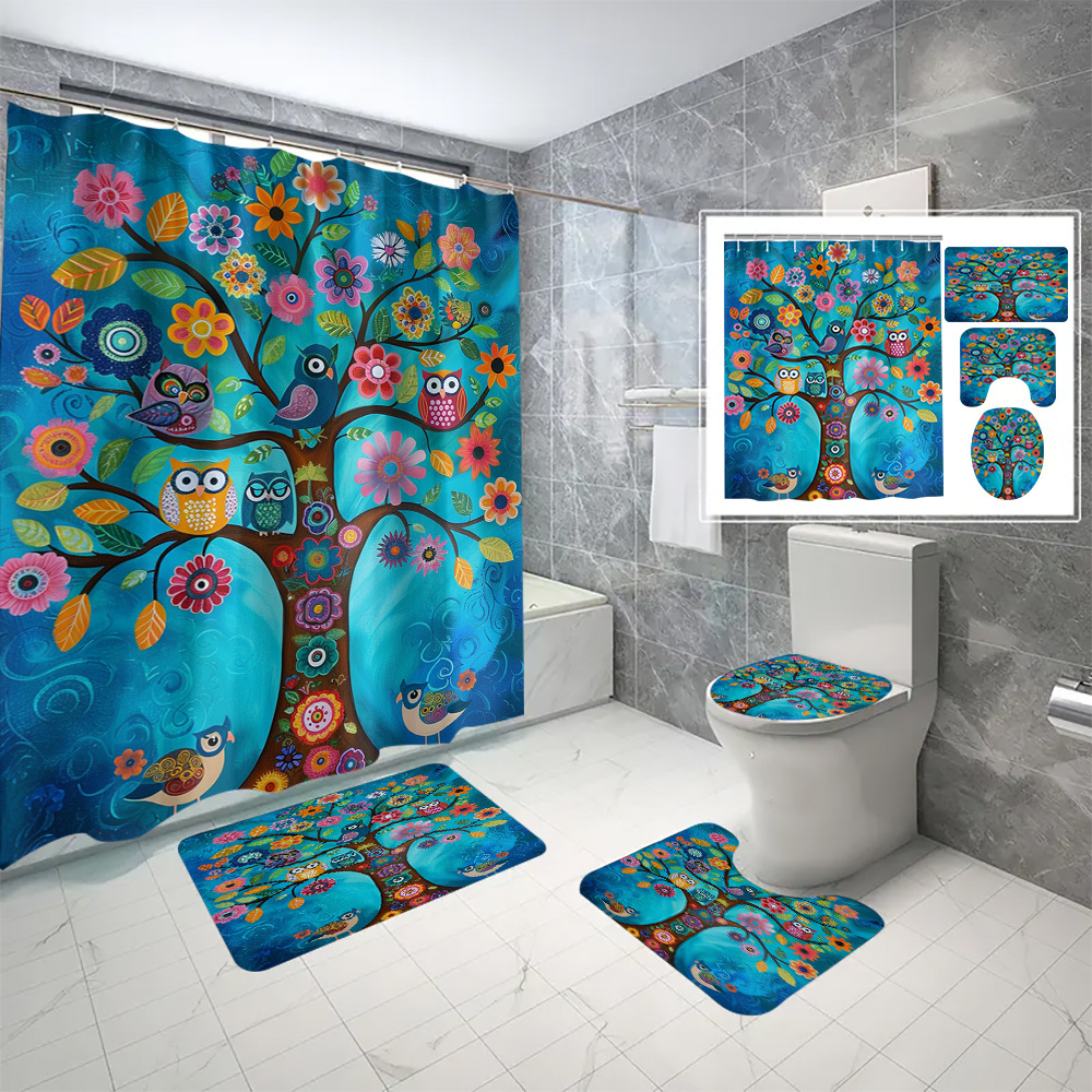 

4pcs Cartoon Owl Tree Printed Shower Curtain Set With 12 Hooks, Decorative Partition Curtain, Toilet Cover Mat, Bathroom Non-slip Mat, U-shape Carpet, Bathroom Accessories