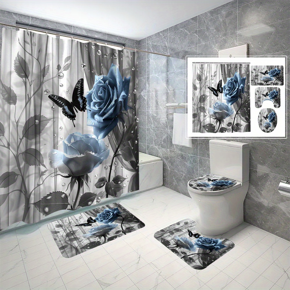

4pcs Blue Rose Printed Shower Curtain Set With 12 Hooks, Decorative Partition Curtain, Toilet Cover Mat, Bathroom Non-slip Mat, U-shape Carpet, Bathroom Accessories