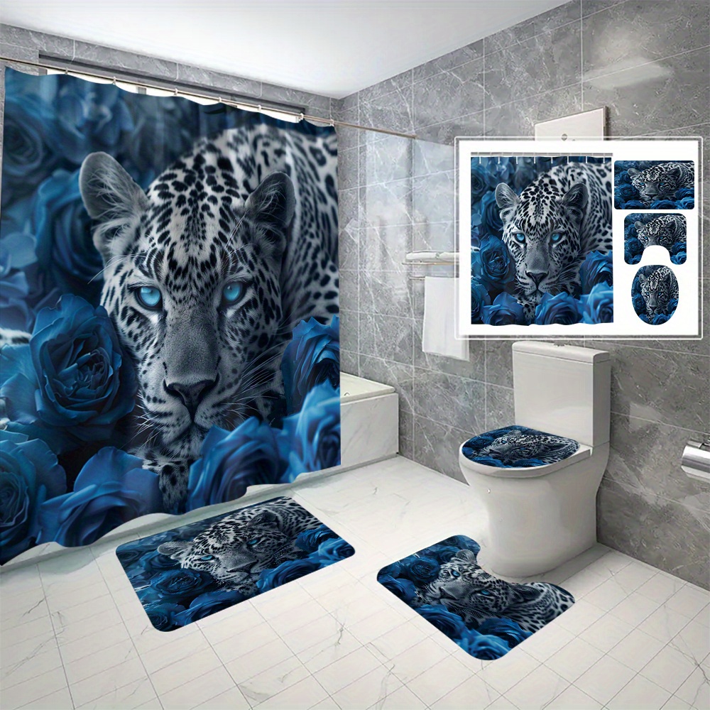 

4pcs Leopard & Blue Roses Printed Shower Curtain Set With 12 Hooks, Decorative Partition Curtain, Toilet Cover Mat, Bathroom Non-slip Mat, U-shape Carpet, Bathroom Accessories