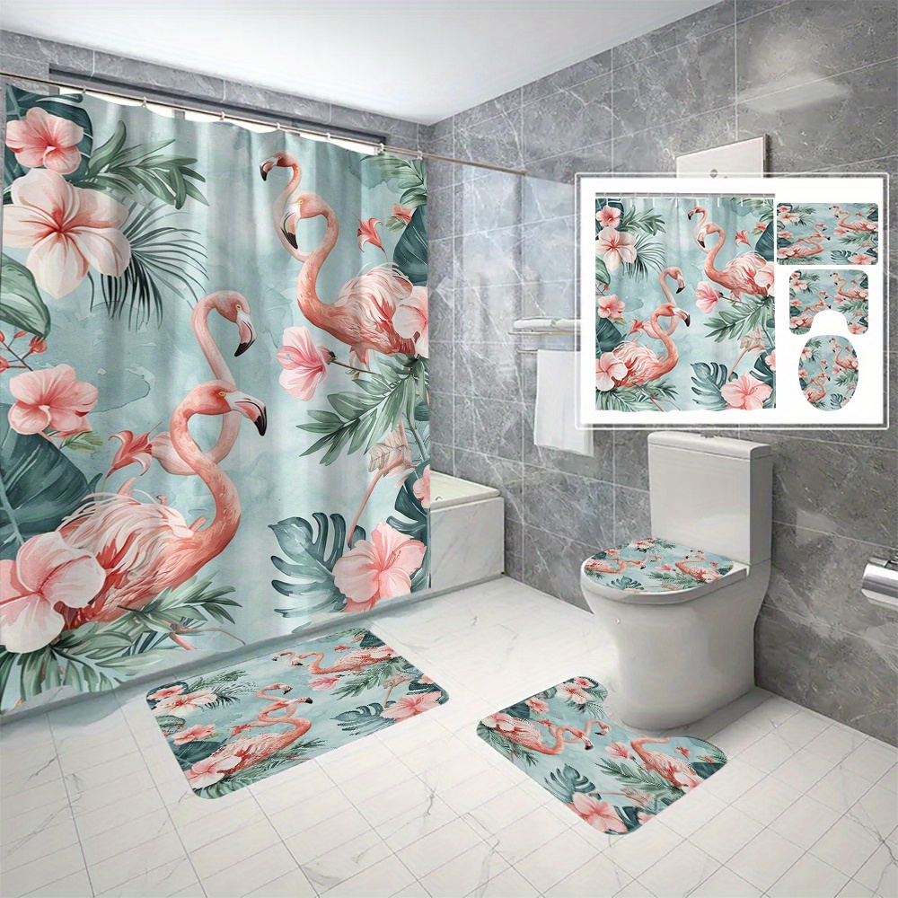 

4pcs/set Flamingo Bathroom Set, 3d Digital Print, Waterproof And Mildew Resistant Shower Curtain 70.8x70.8 Inches With 12pcs C-type Hooks, Non-slip Bath Mats And Toilet Cover, Home Decor
